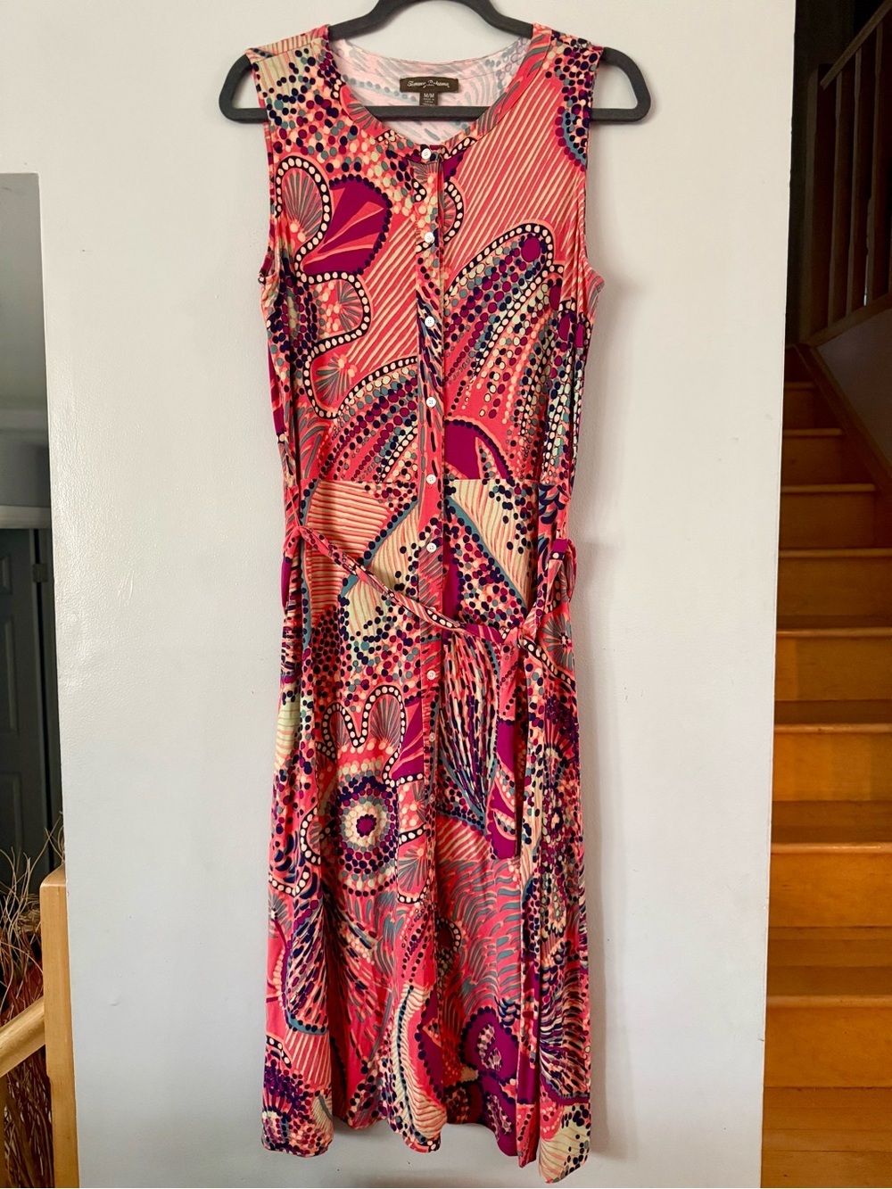 Tommy Bahama Carnival Lights Midi Dress Sleeveless Button Front Belted Pink M